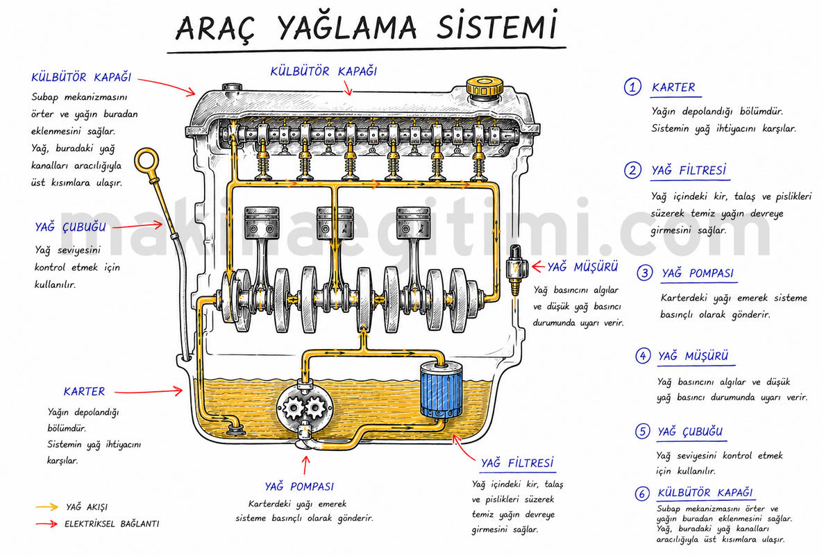 araç motor yağlama sisteminin kısımları ve çalışma biçimi anlatım