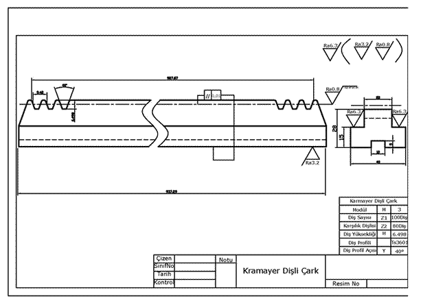Kremayer dişli antetli yapım resmi Autocad DWG dosyası İNDİR