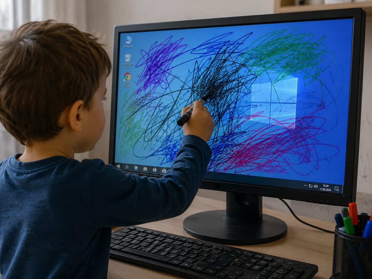 child scribbling on a pc screen with a marker