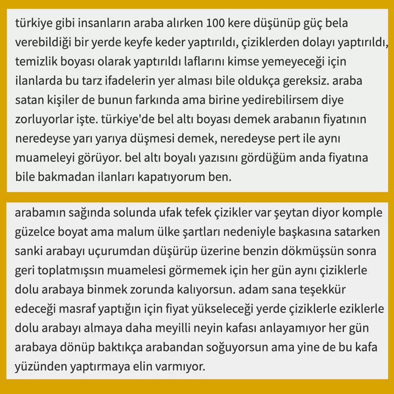 bel altı boyalı araç sosyal medya yorumlar öneriler