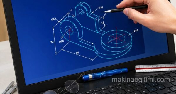 laptop solidworks ekranı ve katı model
