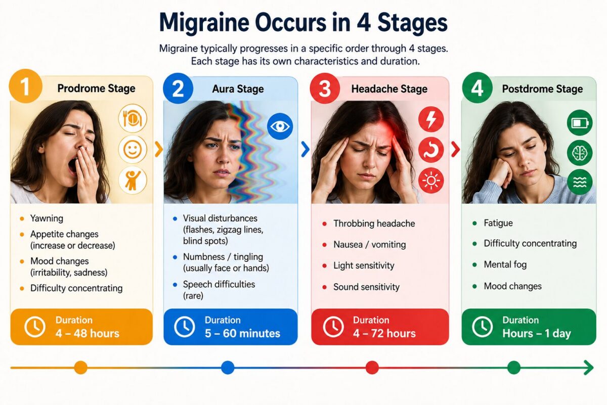 The four phases of a migraine attack and the symptoms of each phase