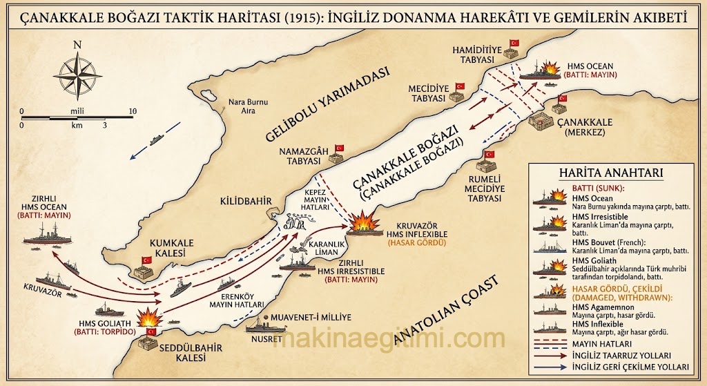 the fates of the British warships that entered the Dardanelles Strait