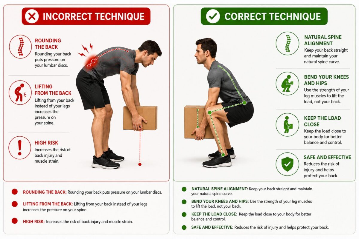 correct and incorrect heavy lifting techniques