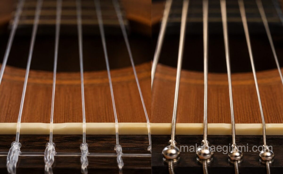 nylon strings and steel strings on a guitar