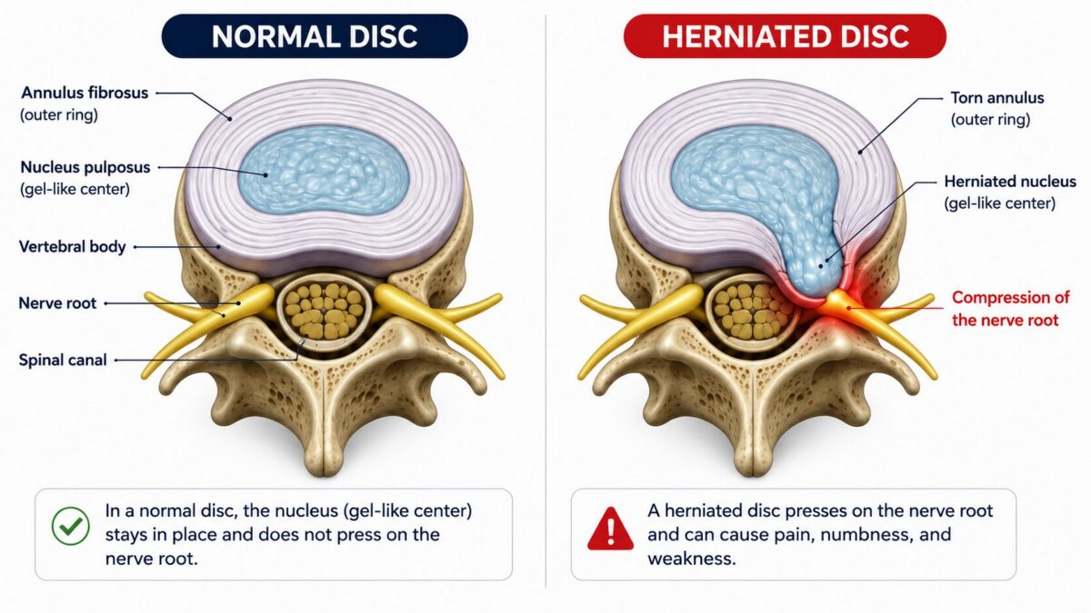 Comparative cross-section of a healthy disc versus a herniated disc and the resulting pressure on the nerve root