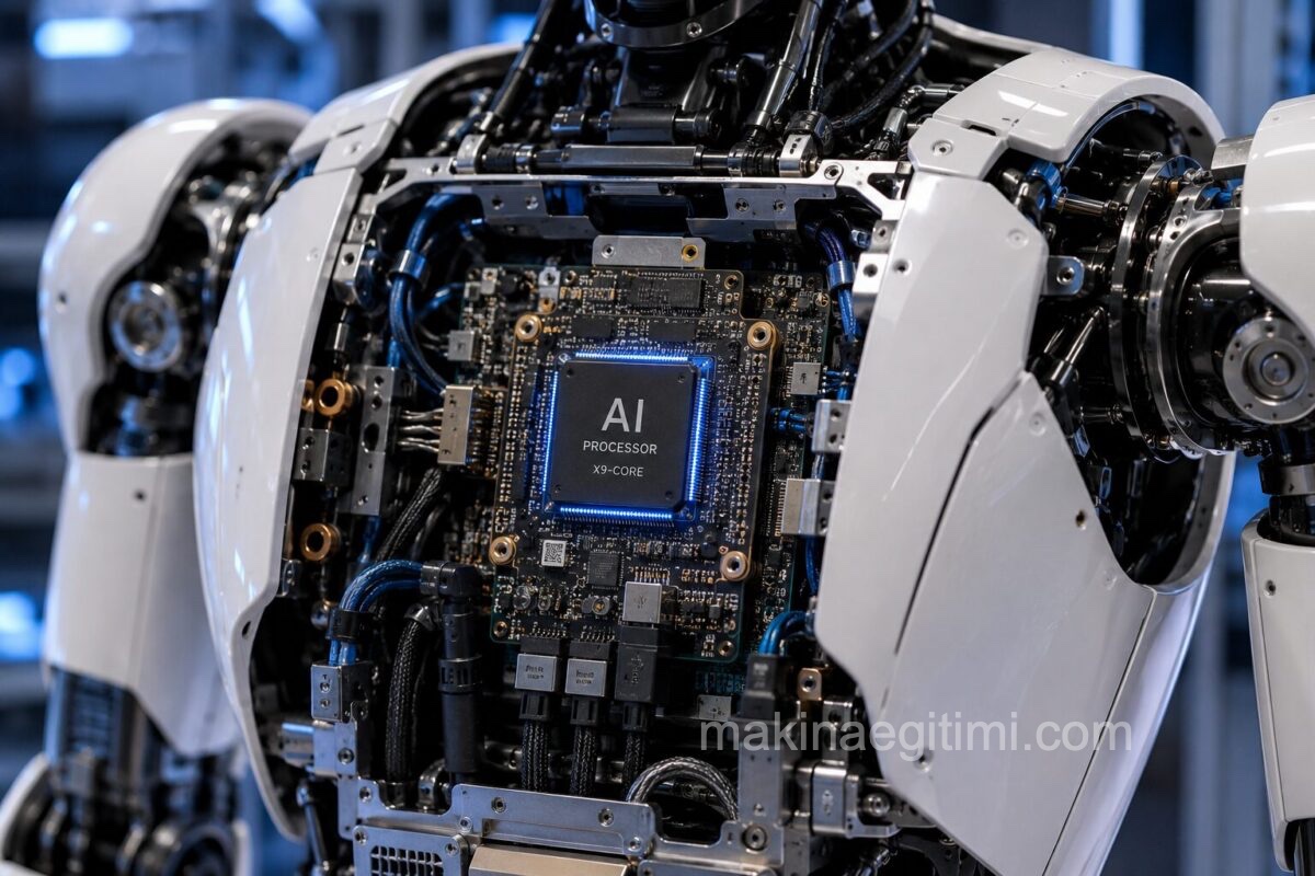 Bir humanoid robotun gövdesine yerleştirilmiş yapay zeka işlemci kartının yakın çekim görseli