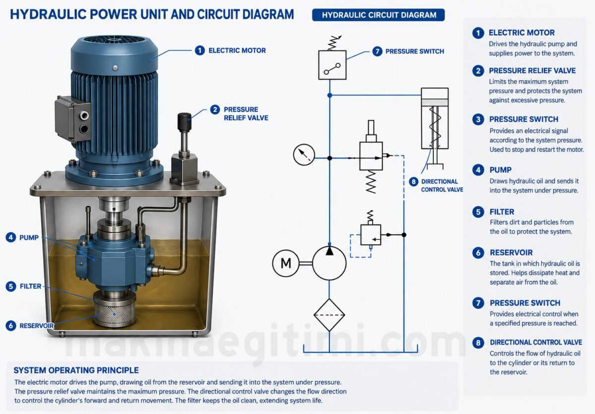 hydraulic power unit and circuit diagram, hydraulic pump, electro-hydraulic pump