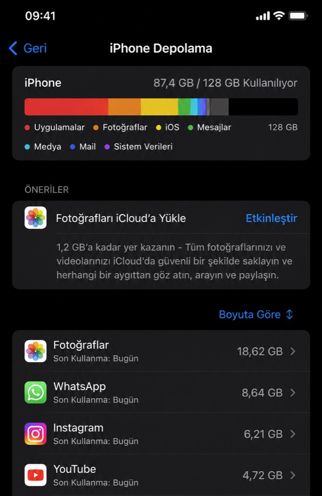 iphone depolama ekranı
