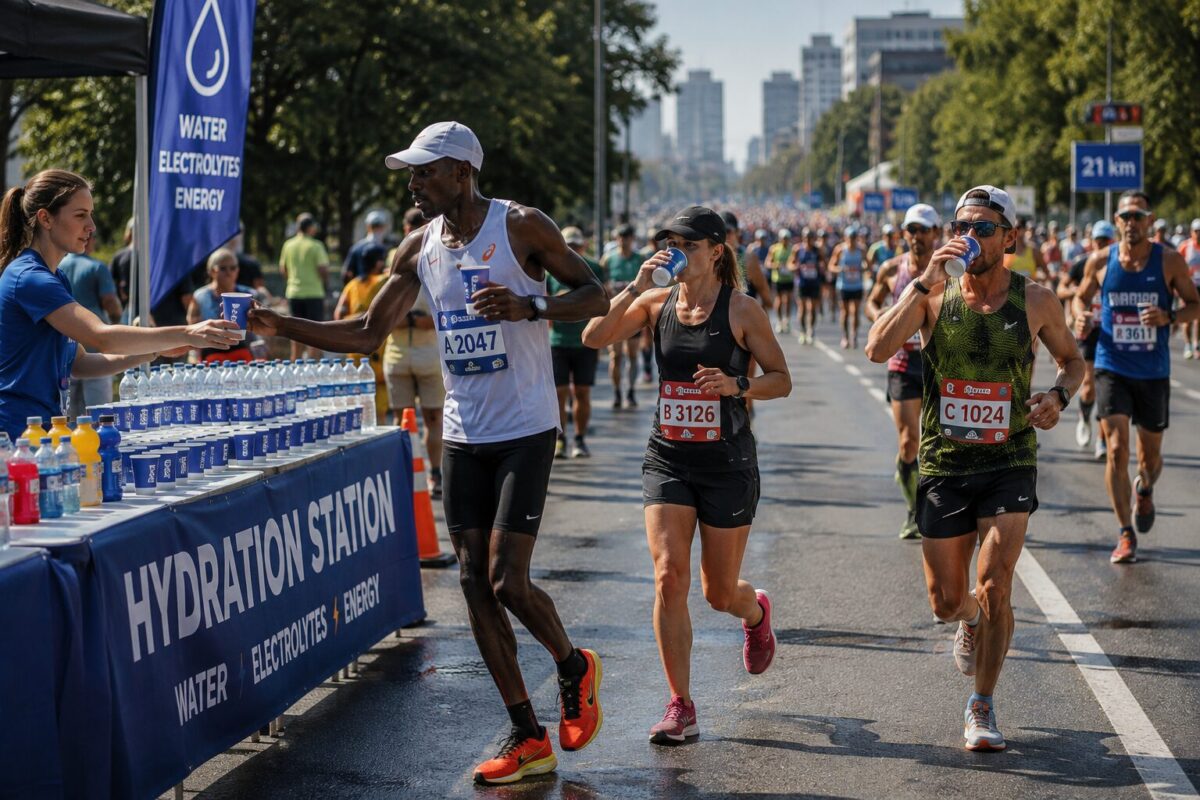 maraton koşucuları su istasyonunda