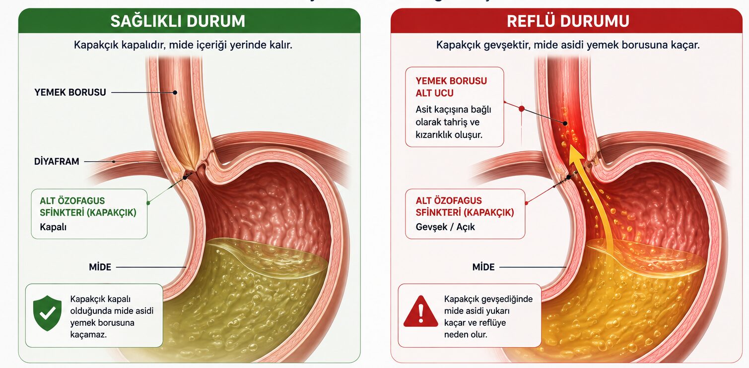 Mide ile yemek borusu arasındaki kapakçığın normal ve reflüdeki çalışması
