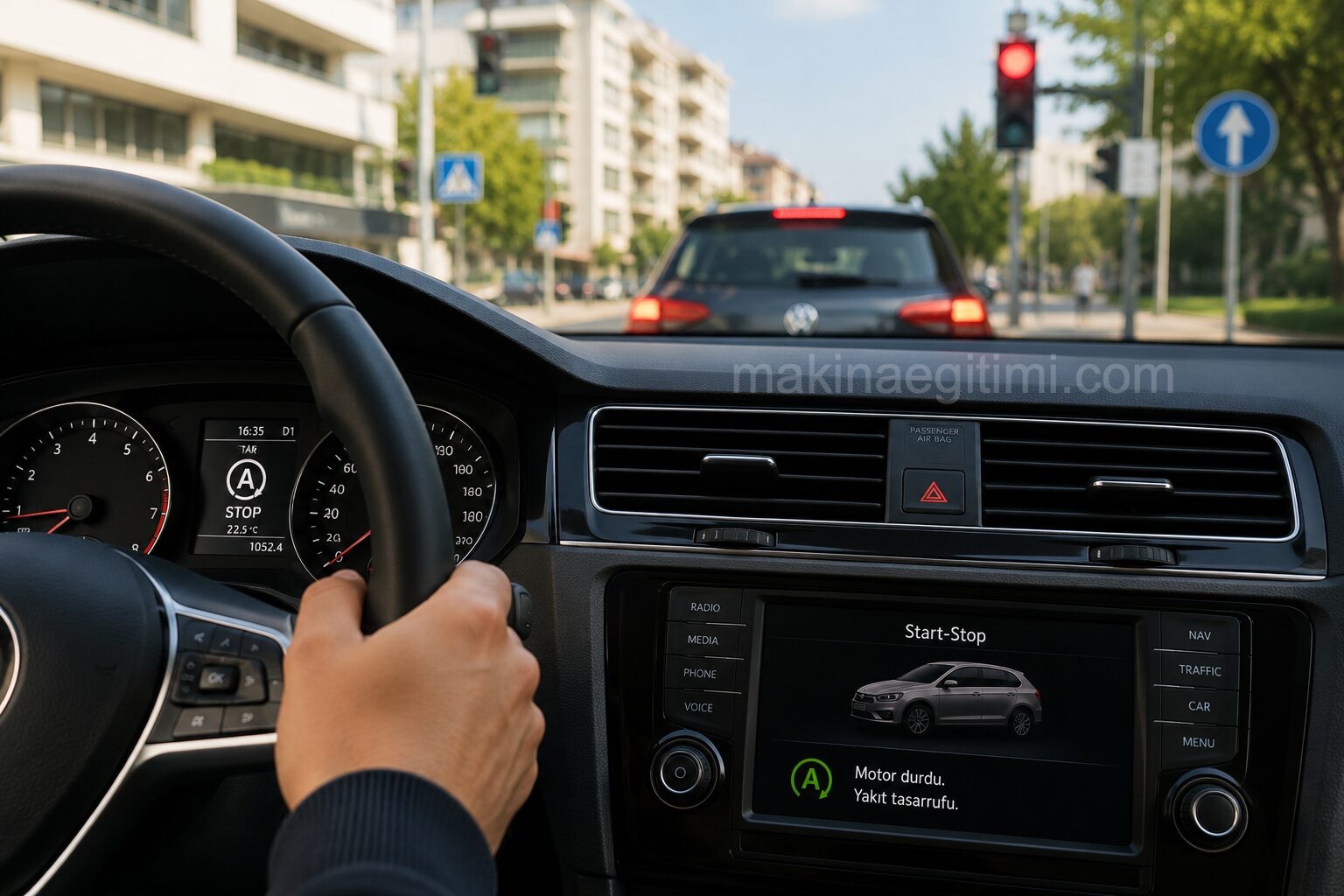 start stop araç ön paneli ve yol görüntüsü
