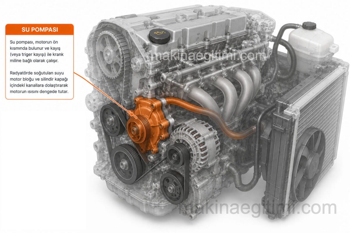 location of the water pump on the engine