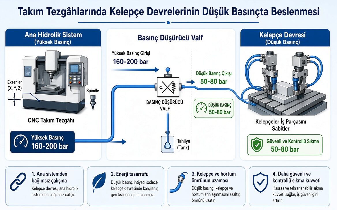 takım tezgahlarında basınç düşürücü valf infografik