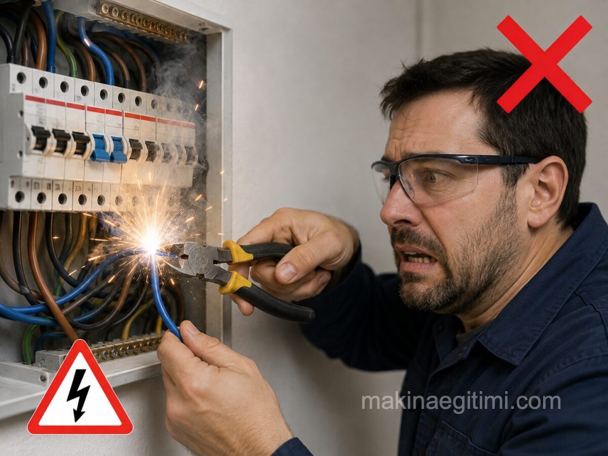 yan keski ile akım geçen kabloyu kesmeye çalışmak