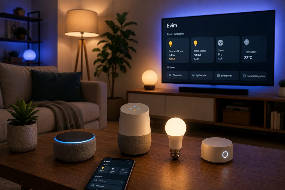 An indoor composition featuring devices such as a smart speaker and a smart bulb together