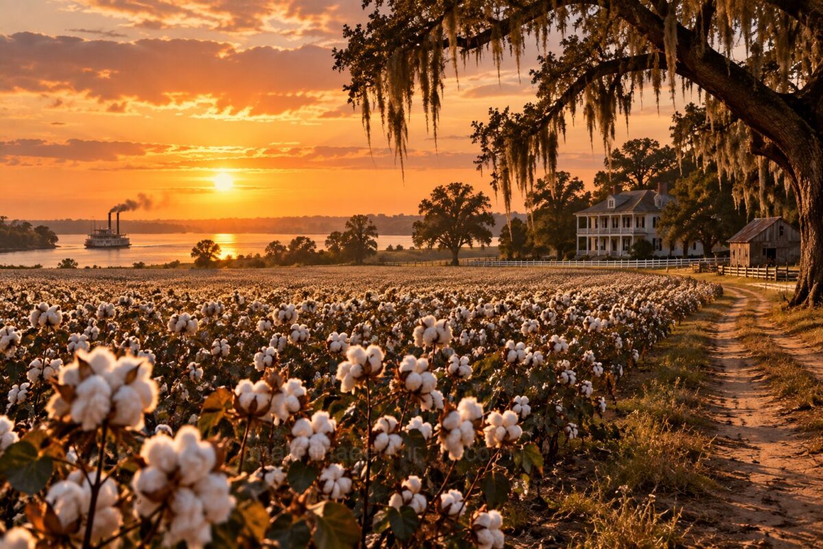 Mississippi Delta'da bir pamuk tarlası manzarası