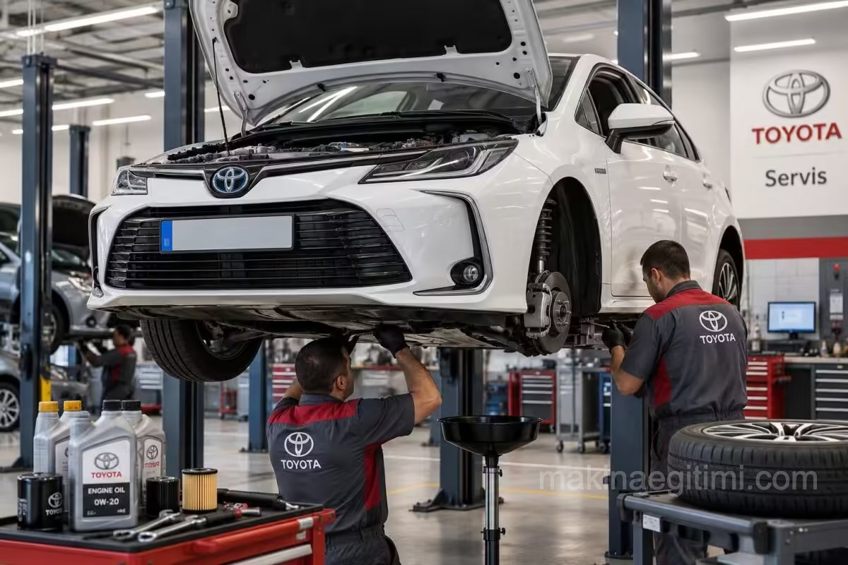 Corolla on a service lift during routine maintenance