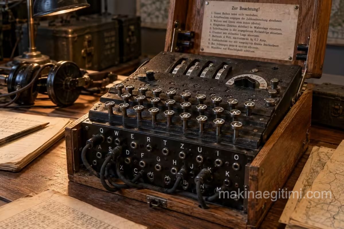 A photograph of an original Enigma cipher machine