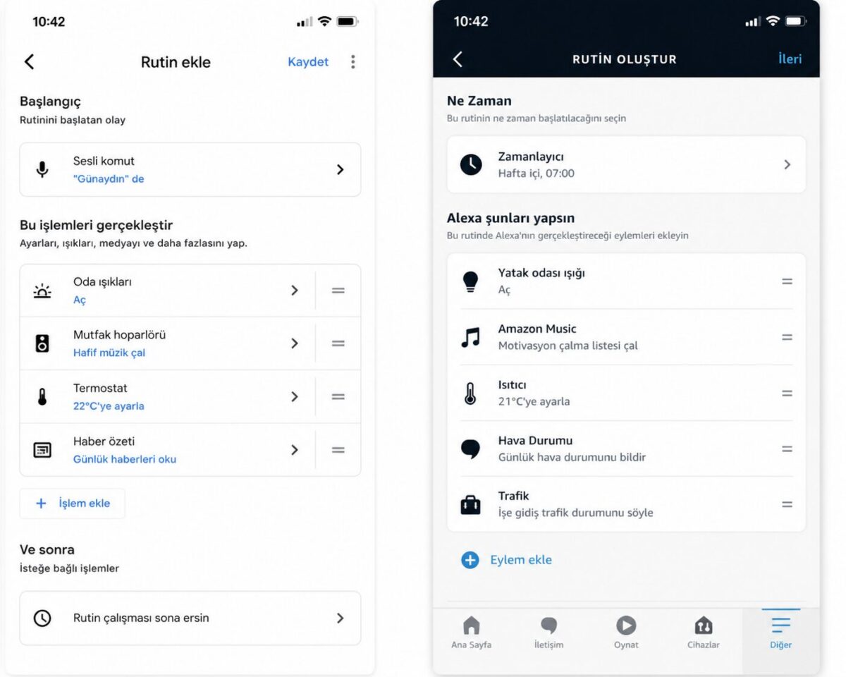 Google Home and Alexa routine creation screens