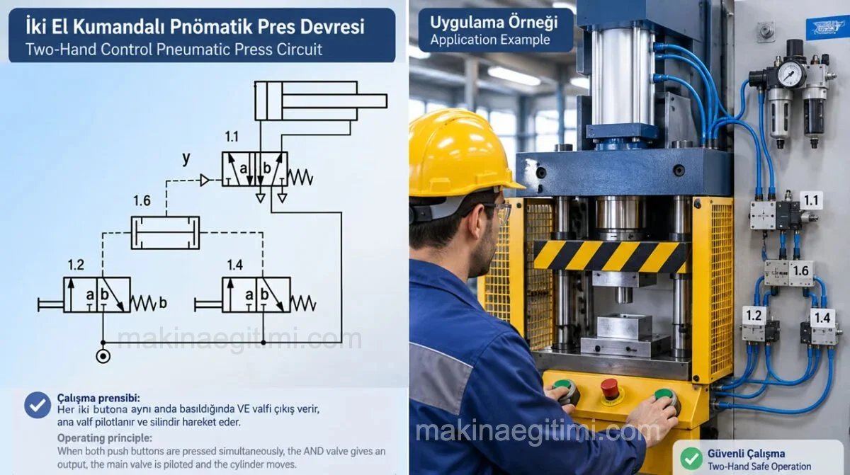 VE valfi örnek kullanımı. iki el kumandalı pnömatik devre örneği