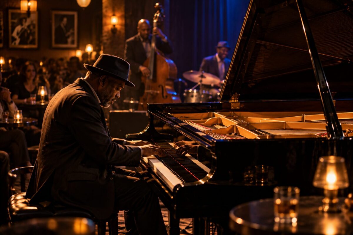 jazz kulübünde piyano çalan müzisyen