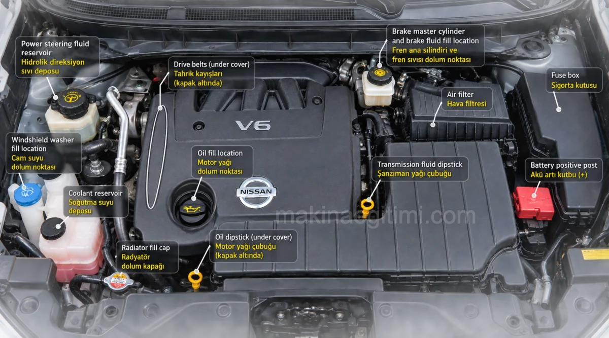 components under the bonnet of a V6 front-wheel-drive car