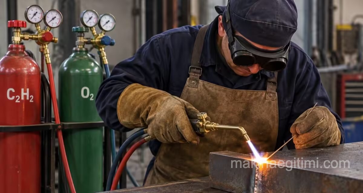 Oxy-Fuel (Oxy-Acetylene) Welding: Working Principle and Uses Welder using an oxy-acetylene torch on a steel block, with red acetylene and green oxygen cylinders behind him
