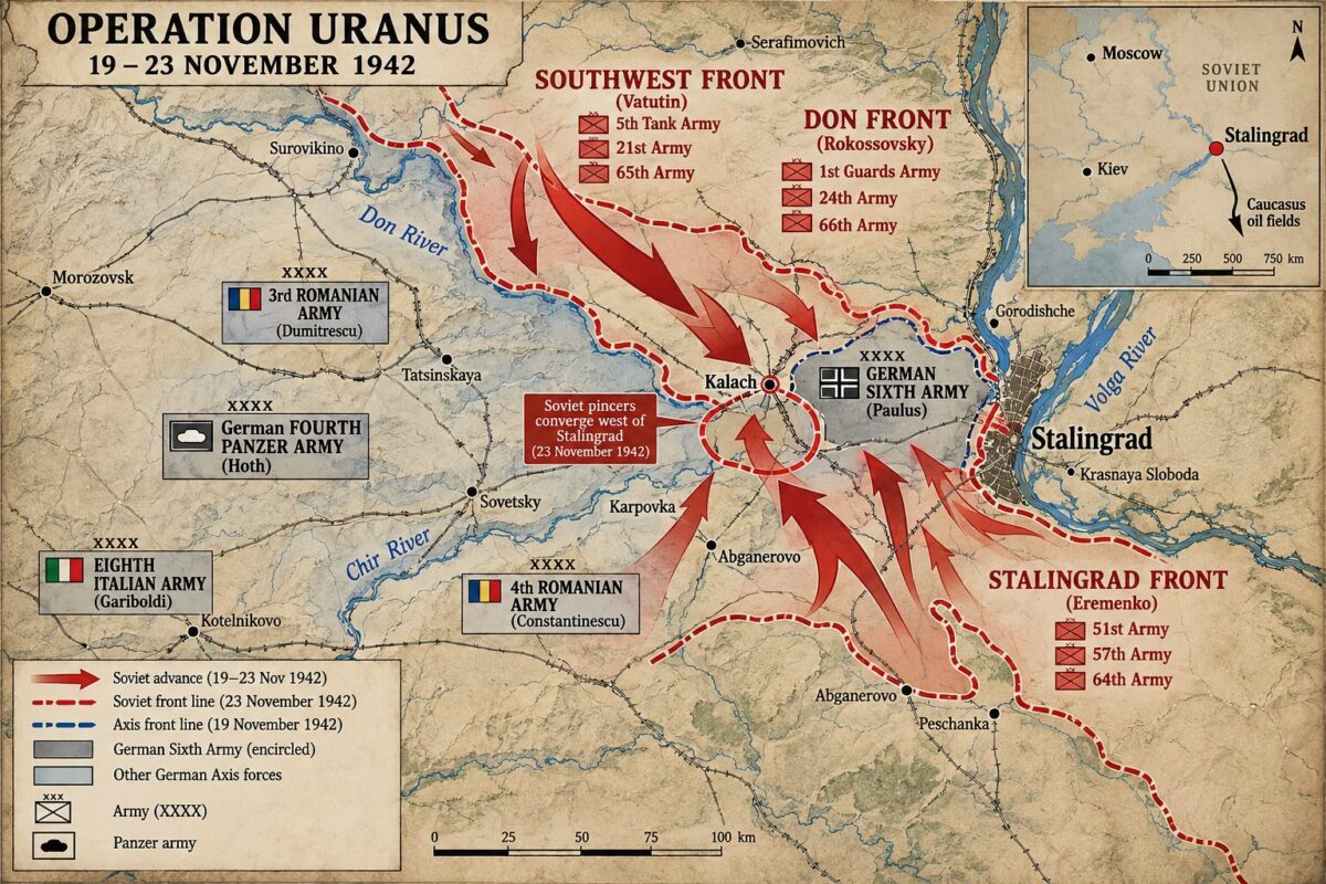 map of Operation Uranus, 19-23 November 1942, showing the encirclement of the German 6th Army at Stalingrad
