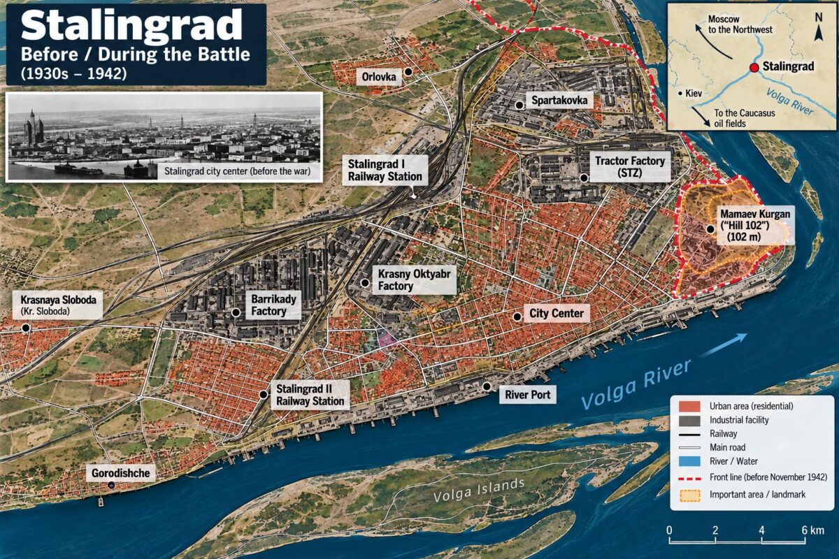 map of Stalingrad before and during the battle, showing the factories, railway stations and the Volga