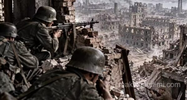 German soldiers firing from a ruined building over the bombed-out rooftops of Stalingrad
