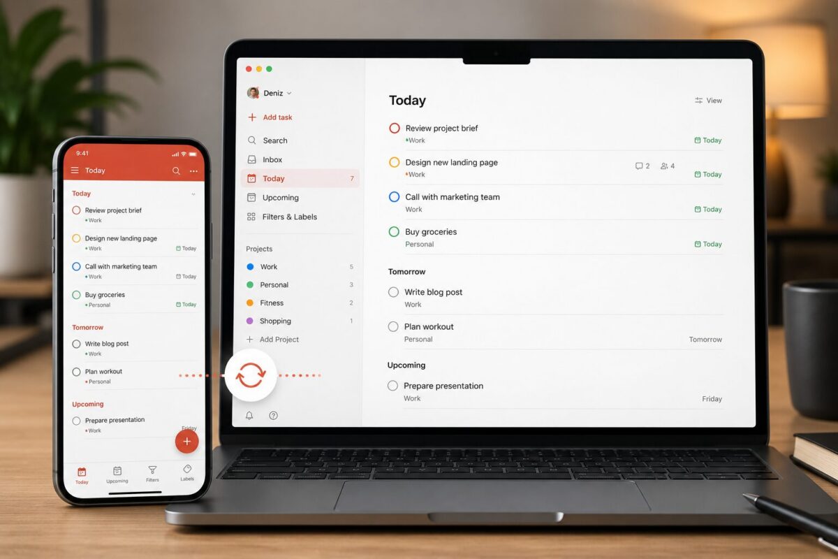 synchronised working on phone and computer