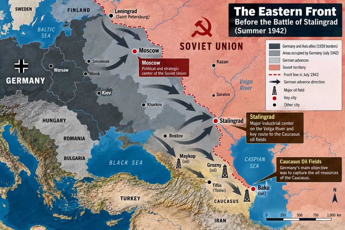 map of the Eastern Front in the summer of 1942, showing the furthest line reached by the German armies