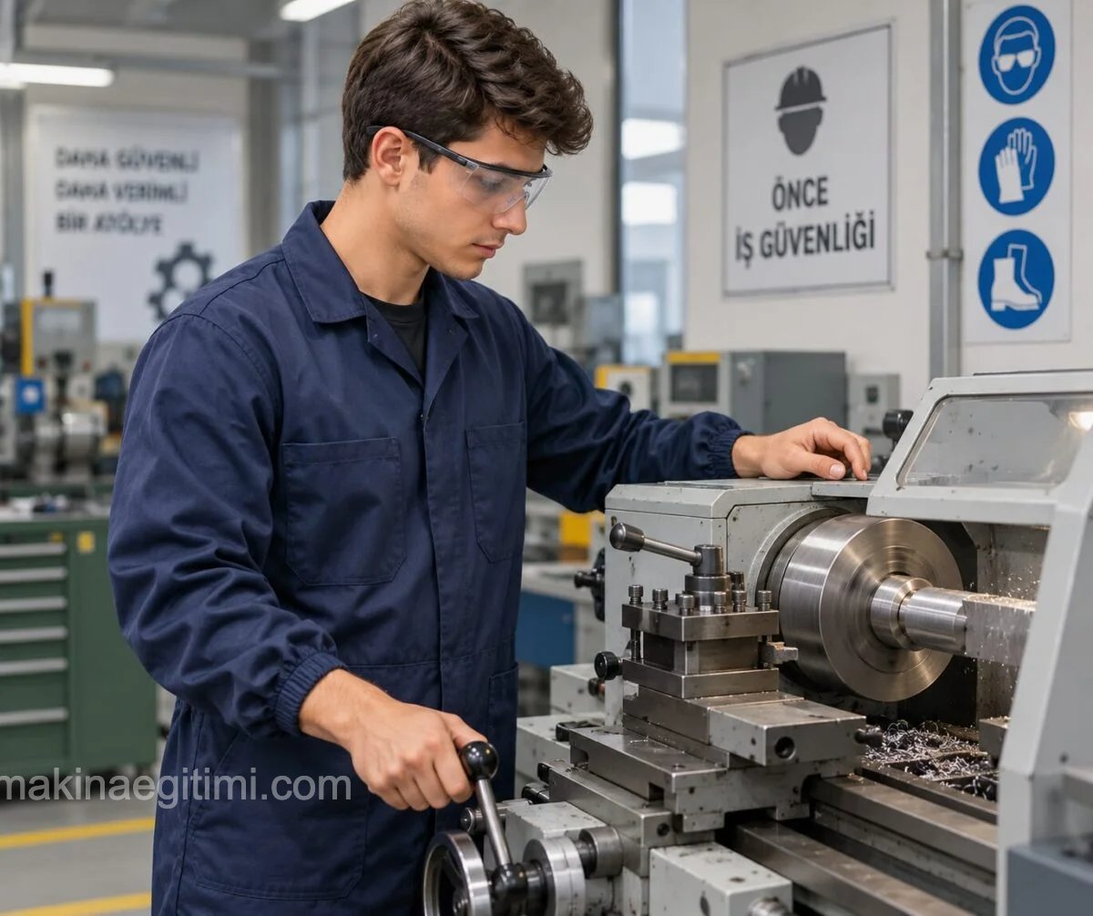 safety clothing at the lathe: a student wearing a workshop coat