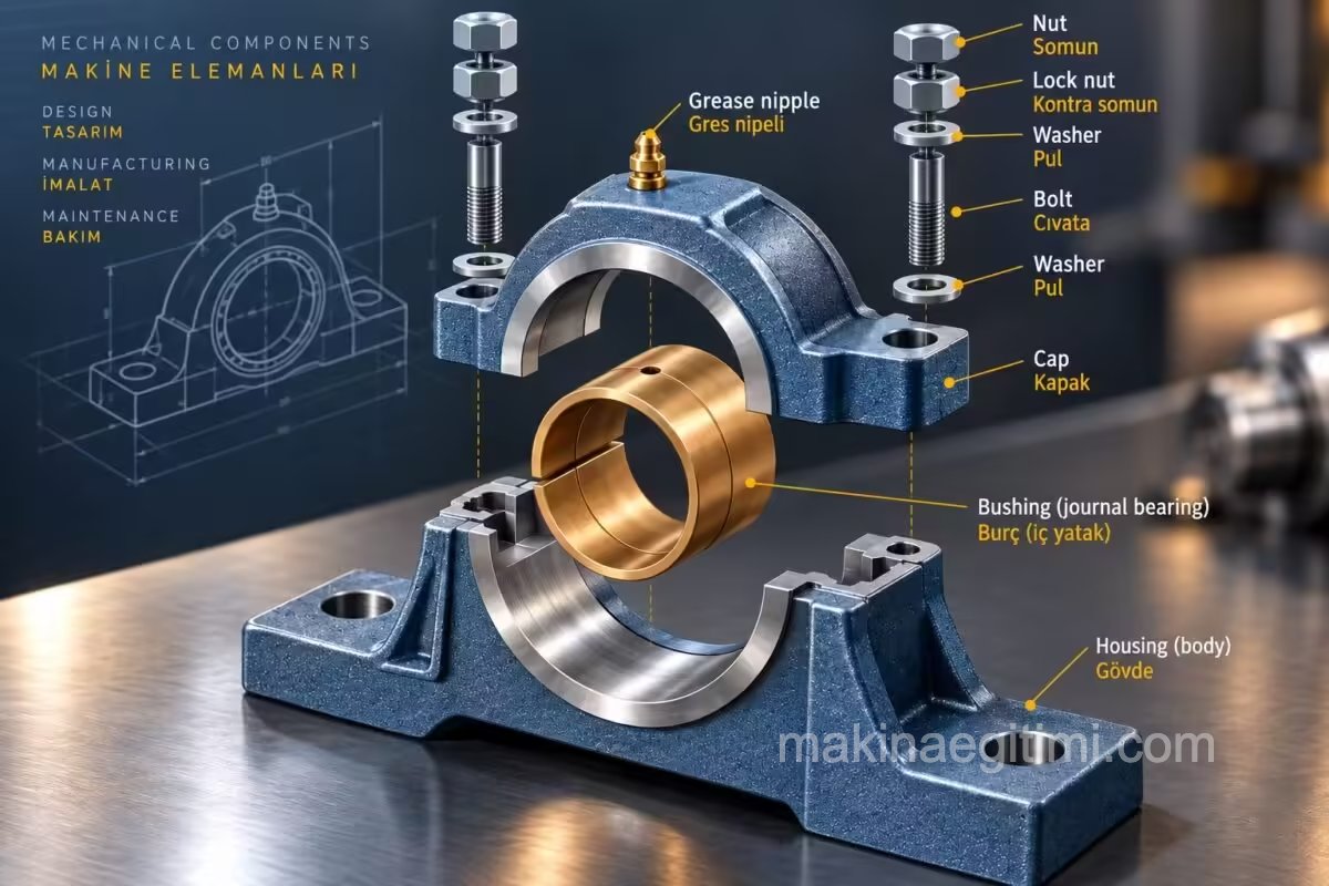 Exploded view of a plain bearing. kaymalı yatağın elemanları patlatılmış görünüm