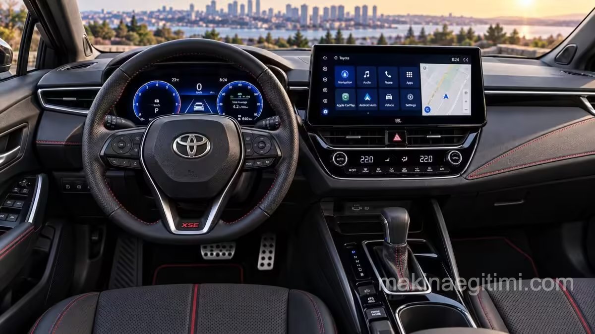 Corolla XSE interior showing the 10.5-inch touchscreen