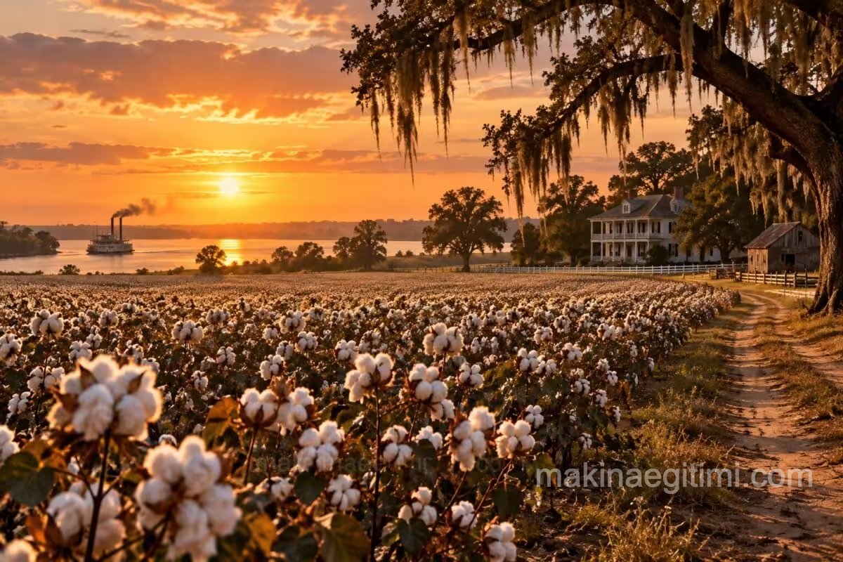 Mississippi Delta'da bir pamuk tarlası manzarası