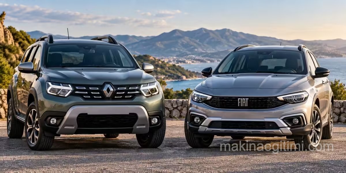 Renault Duster ve Fiat Egea Cross'un yan yana ön çekimi]