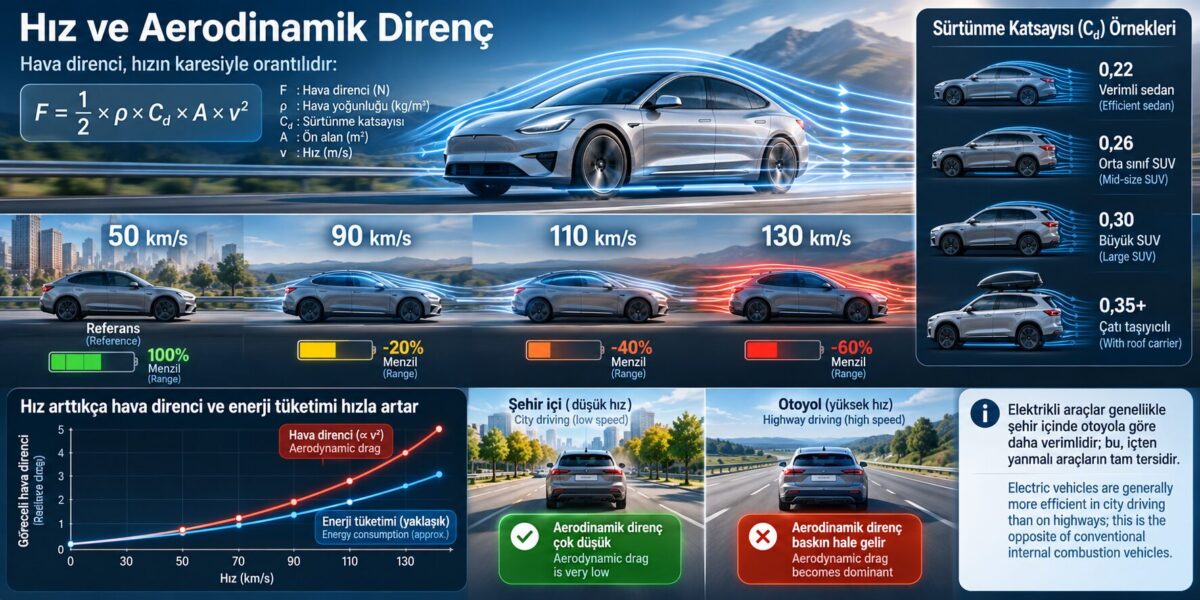 hız ve aerodinamik direncin elektrikli araç menziline etkisi